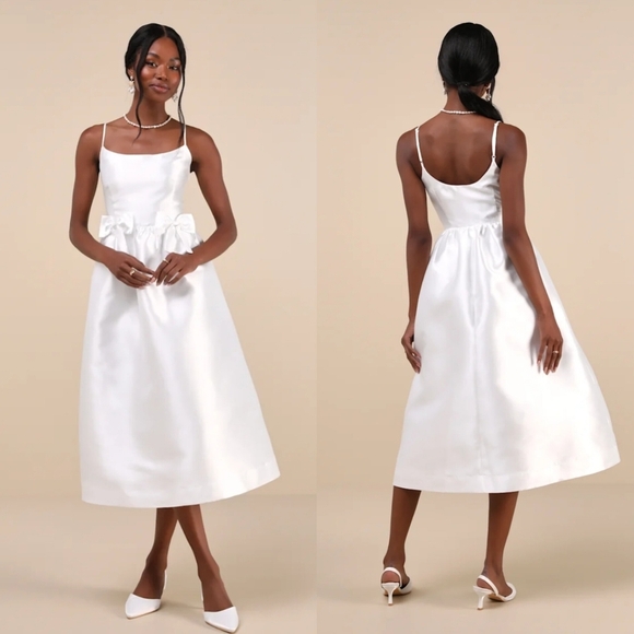 White Taffeta Bow Midi Dress - Picture 1 of 10